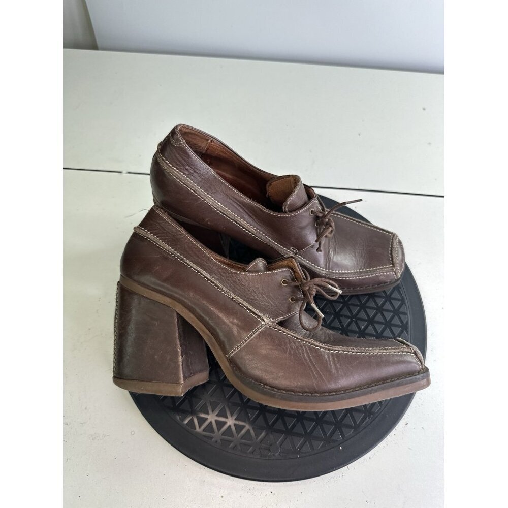 Shellys London Cognac Brown Chunky Heel Lace Shoes Sz 6 UK / 39 / 8 US